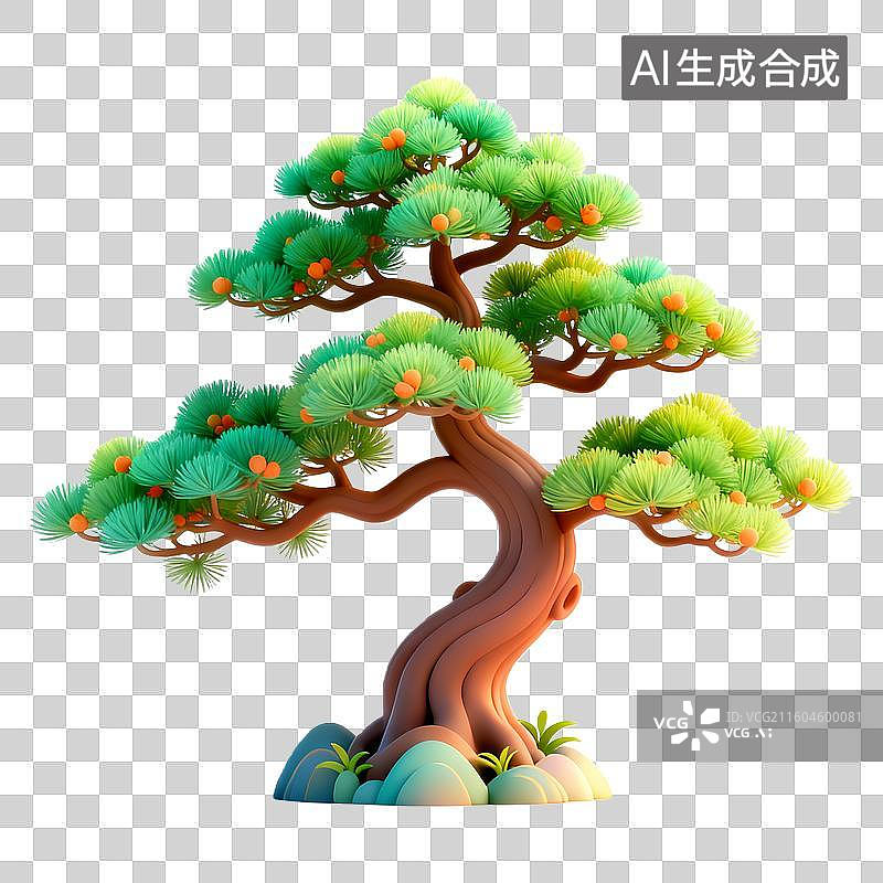 【AI数字艺术】3D立体卡通国风松柏树插画免抠元素图片素材