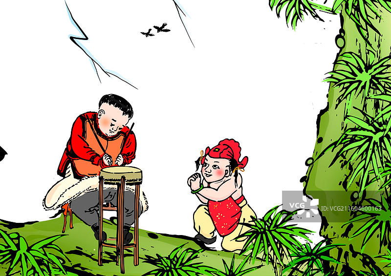 敲锣打鼓 音乐 演奏 庙会 乐器 传统文化中国风复古木版水印年画儿童题材教育行业插画图片素材