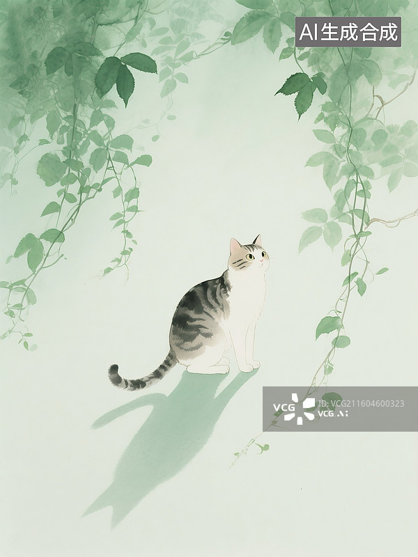 【AI数字艺术】中国风常青藤叶子下的小猫插画，爬山虎叶子下的狸花猫 卡通插画壁纸  竖版图片素材