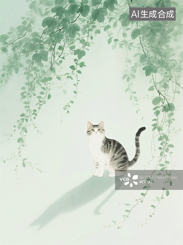 【AI数字艺术】中国风常青藤叶子下的小猫插画，爬山虎叶子下的狸花猫 卡通插画壁纸  竖版图片素材