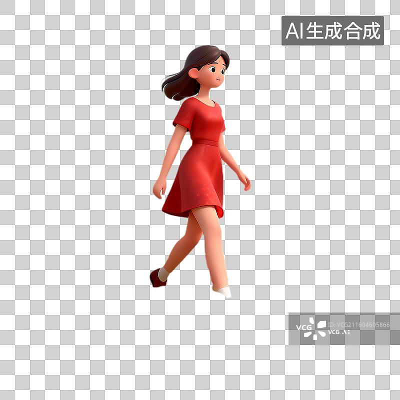 【AI数字艺术】穿红色连衣裙的年轻女子行走图片素材