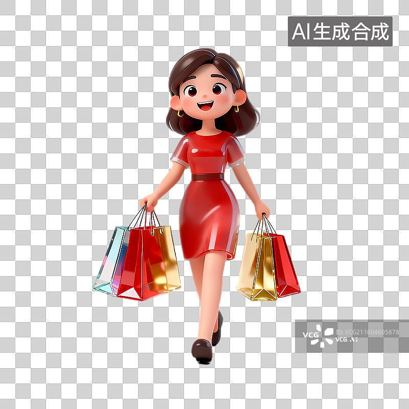 【AI数字艺术】穿着红裙开心购物的女性图片素材