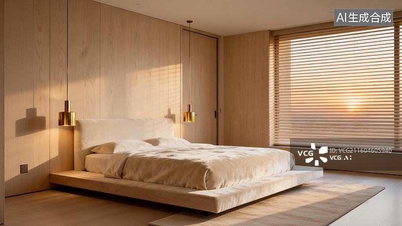 【AI数字艺术】现代简约卧室阳光晨景图片素材