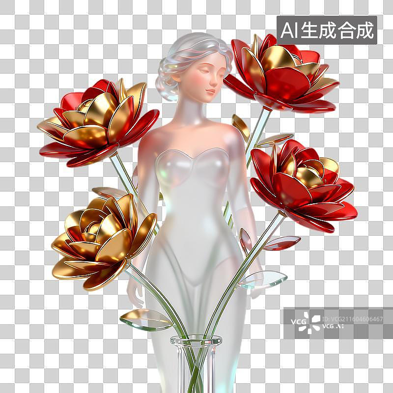 【AI数字艺术】手持金属花卉的女性艺术形象图片素材