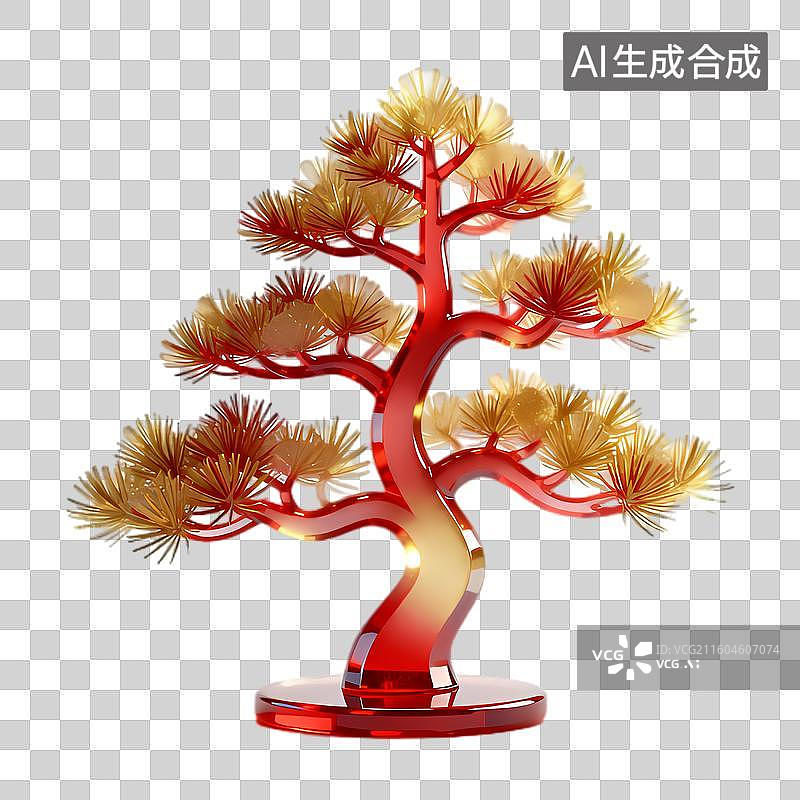 【AI数字艺术】红色树干金色枝叶的精致盆景图片素材