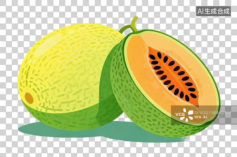 【AI数字艺术】卡通风格，新鲜的哈密瓜，对半切开PNG格式的免扣元素图片素材