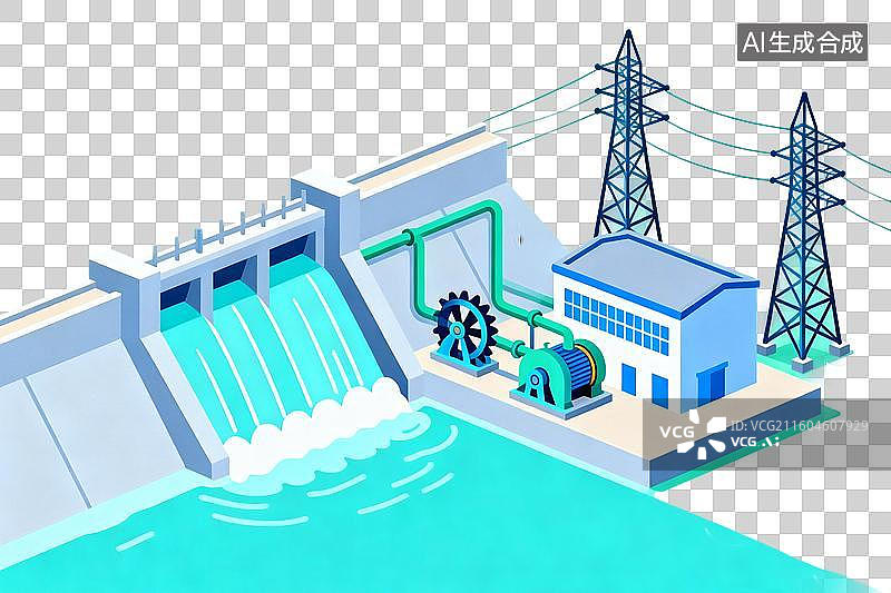 【AI数字艺术】卡通风格，一座水力发电站PNG格式的免扣元素图片素材