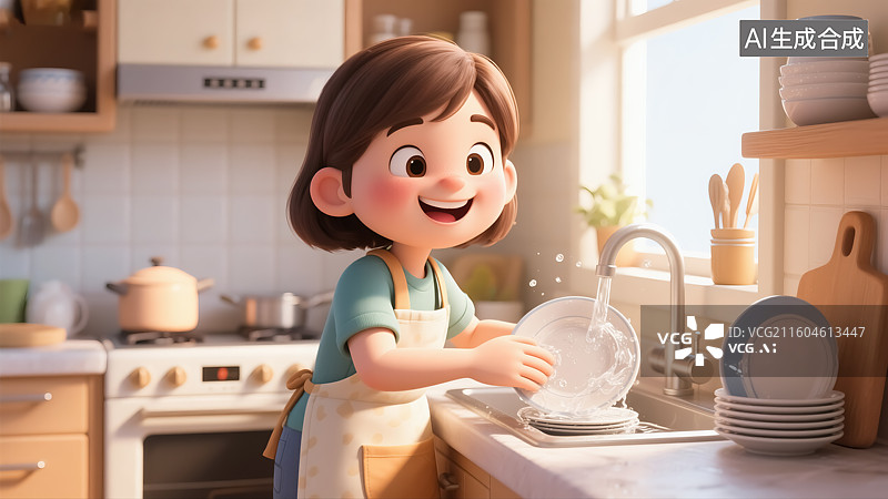 【AI数字艺术】女生洗盘子家务劳动场景图片素材