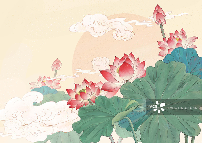 工笔画插画夏日荷花与祥云图片素材