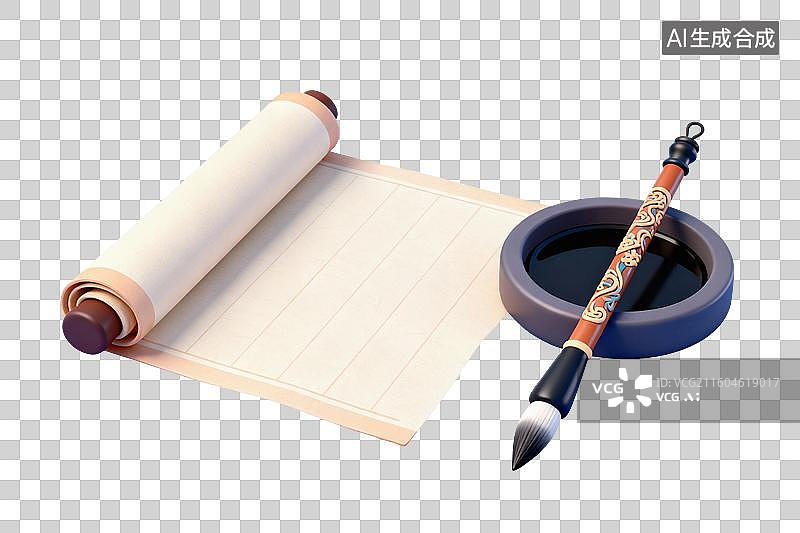 【AI数字艺术】卡通风格，摊开的纸张，砚台与毛笔PNG格式的免扣元素图片素材