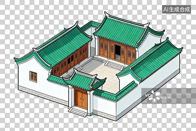 【AI数字艺术】卡通风格，一座古代庭院PNG格式的免扣元素图片素材