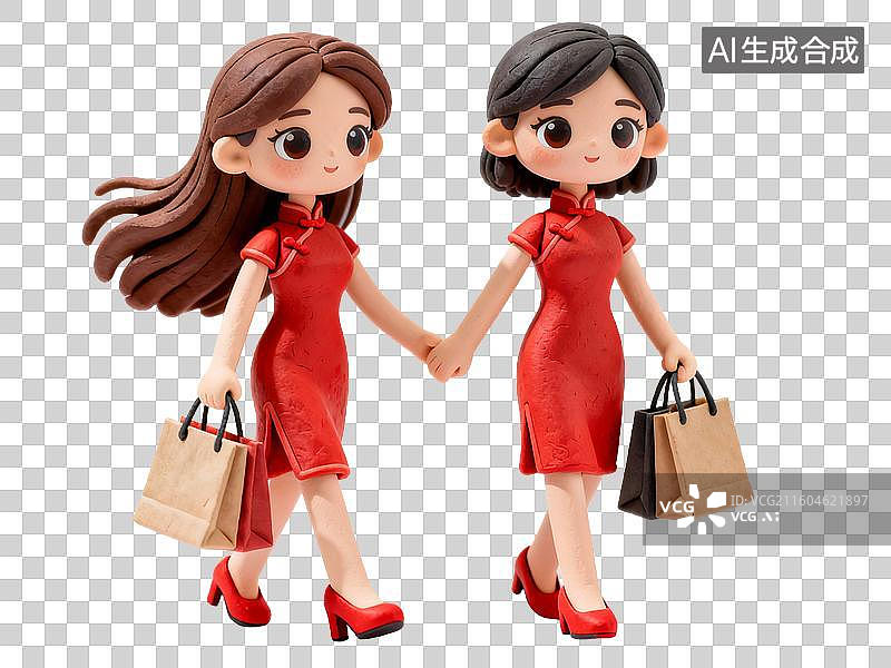 【AI数字艺术】两位穿红色旗袍的女孩携手购物图片素材