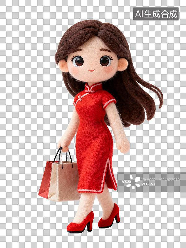 【AI数字艺术】穿红色旗袍拿购物袋的可爱玩偶图片素材