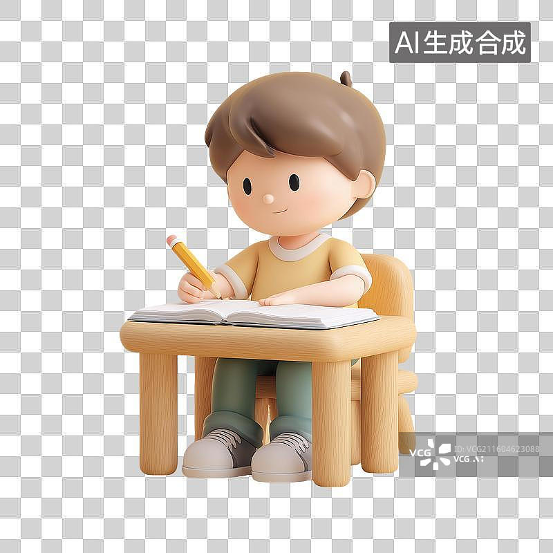 【AI数字艺术】写作业男孩3D角色图片素材