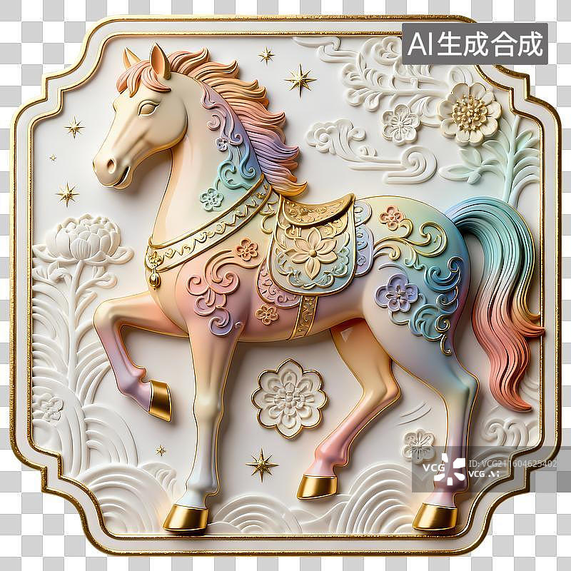 【AI数字艺术】马3D立体动物新中式纹样浮雕轻奢质感国潮生肖吉祥物图片素材