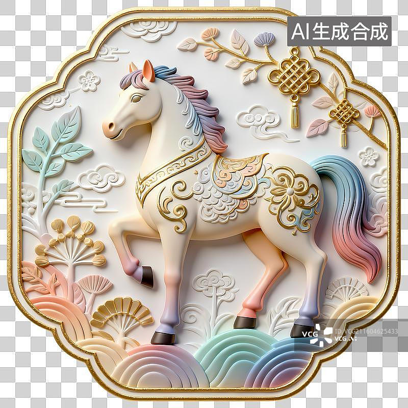 【AI数字艺术】马3D立体动物新中式纹样浮雕轻奢质感国潮生肖吉祥物图片素材