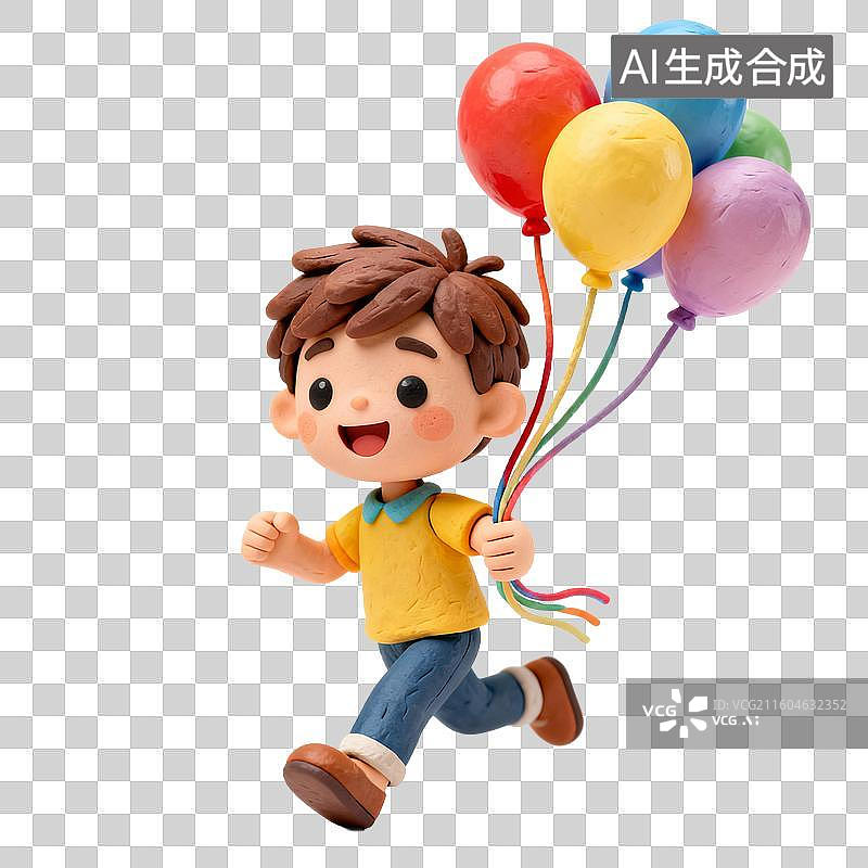 【AI数字艺术】拿着彩气球奔跑的快乐男孩图片素材
