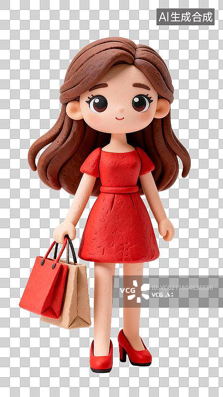 【AI数字艺术】穿红色连衣裙拿购物袋的可爱女孩图片素材