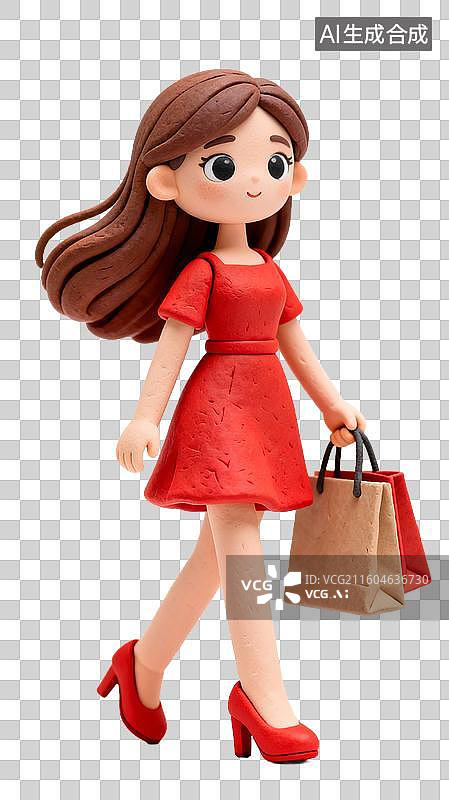 【AI数字艺术】穿红色连衣裙购物的女性图片素材