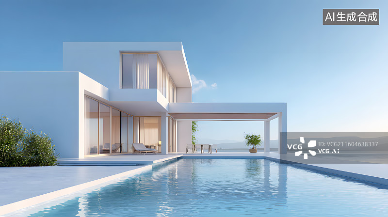 【AI数字艺术】白色别墅旁无边泳池图片素材