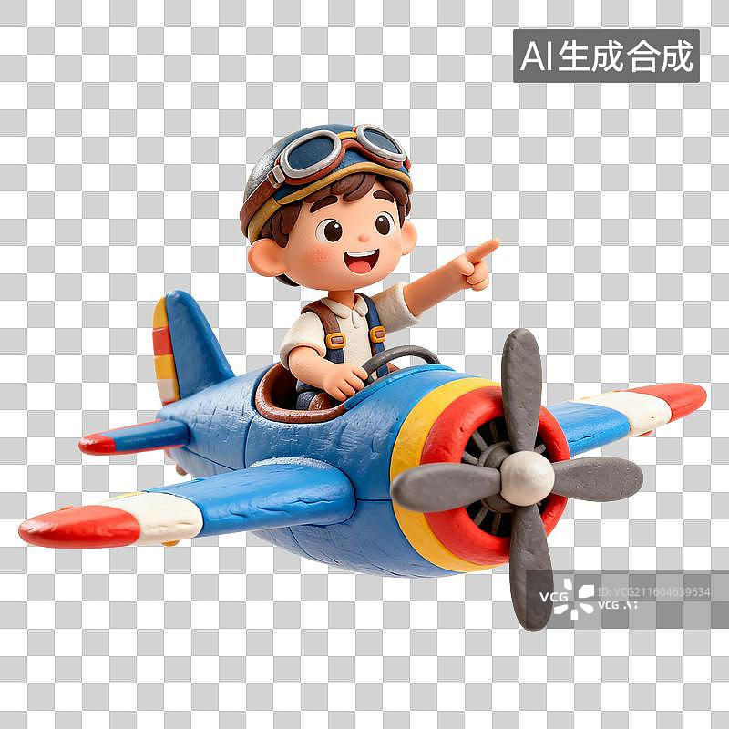【AI数字艺术】坐在小飞机里开心指向前的孩子图片素材