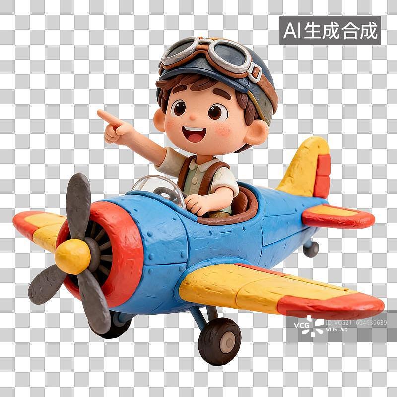 【AI数字艺术】坐在小飞机里开心指向前的孩子图片素材