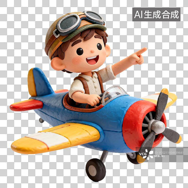 【AI数字艺术】坐在小飞机里开心指向前的孩子图片素材