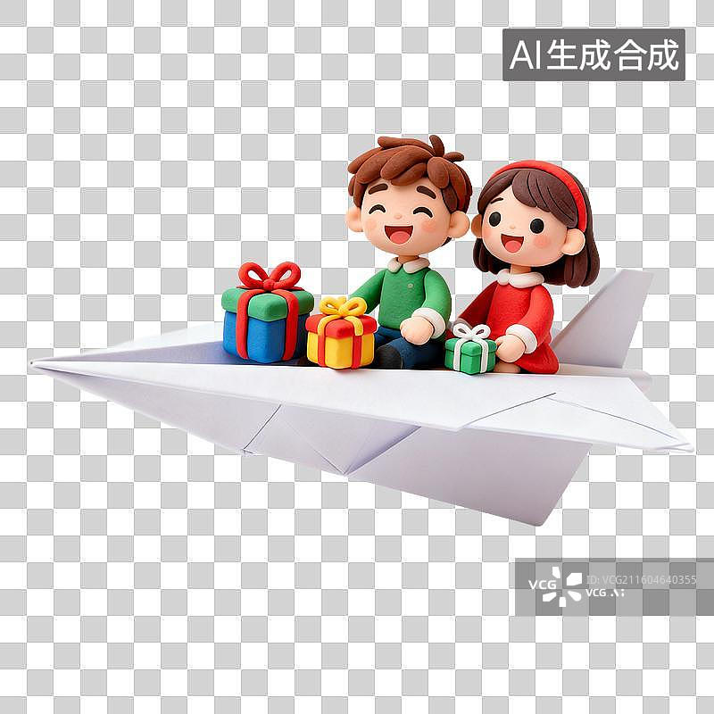 【AI数字艺术】坐纸飞机的孩子与礼物图片素材