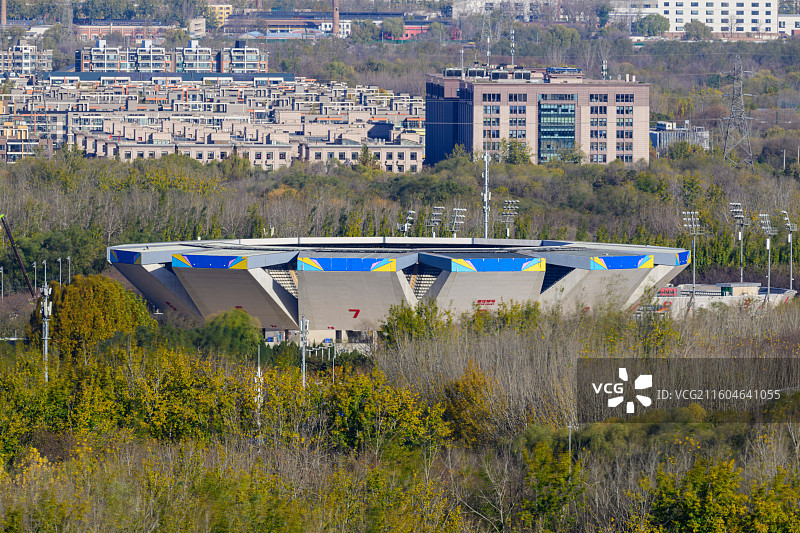 北京市朝阳区，国家网球中心-莲花球场，航拍视角、秋季晴天。图片素材