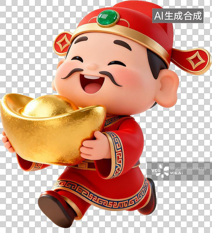 【AI数字艺术】3d喜庆财神爷手拿手拿金元宝跑图片素材