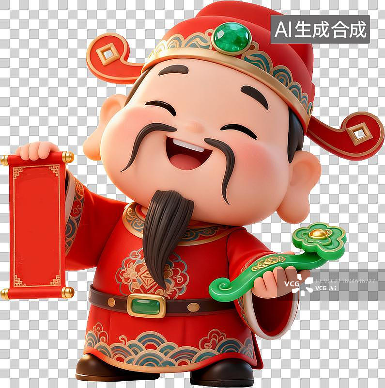 【AI数字艺术】3d喜庆财神爷手拿春联玉如意大笑图片素材