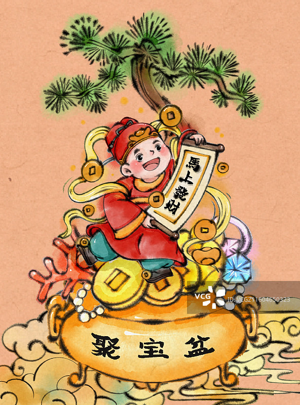 马年初五春节祝贺图聚宝盆和财神图片素材