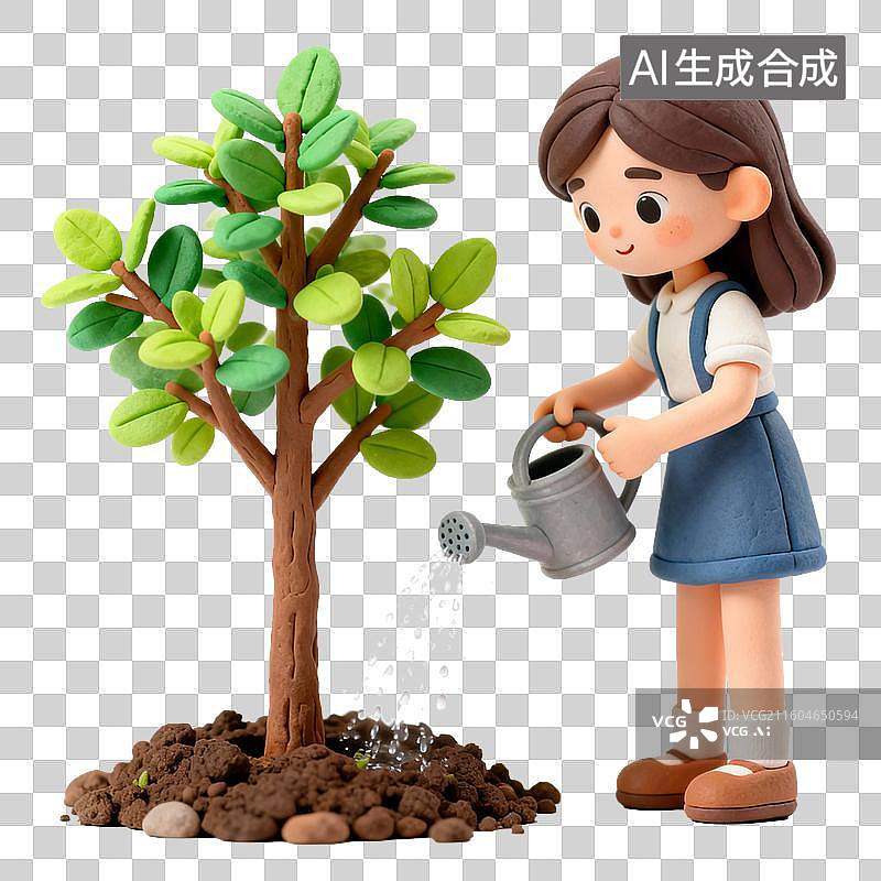 【AI数字艺术】女孩给小树浇水场景图片素材