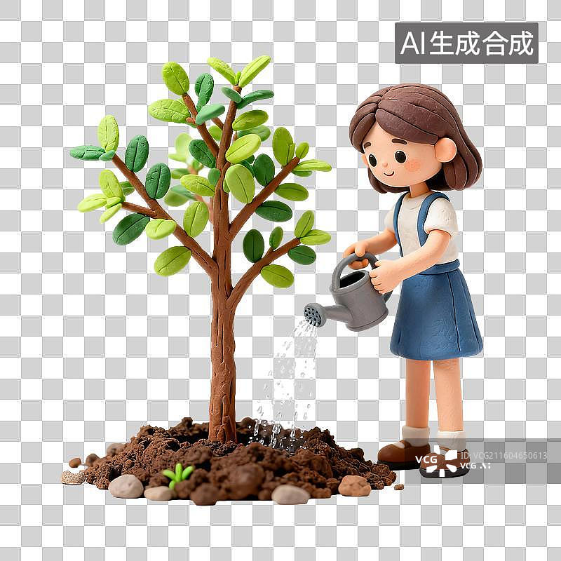 【AI数字艺术】女孩给小树浇水场景图片素材