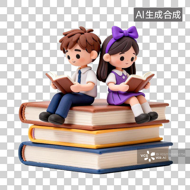 【AI数字艺术】两个孩子在书堆上读书图片素材