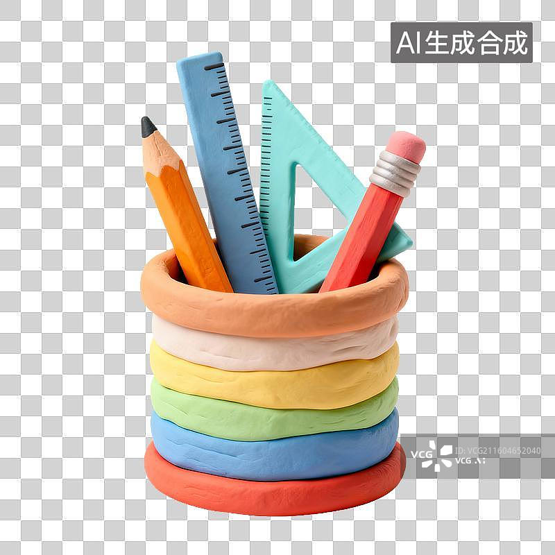 【AI数字艺术】彩色粘土笔筒及文具图片素材