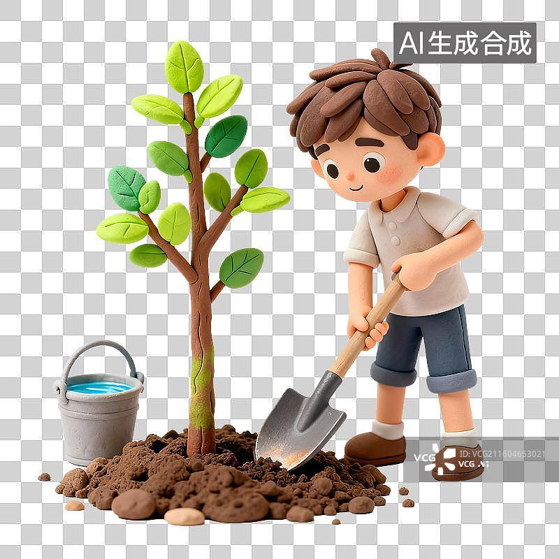 【AI数字艺术】可爱男孩植树场景图片素材