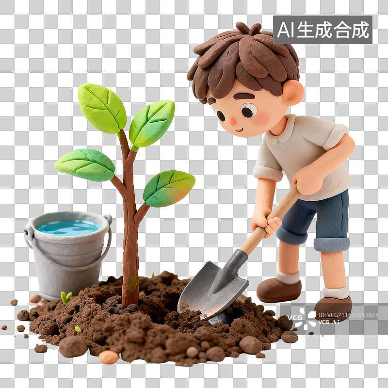 【AI数字艺术】可爱男孩植树场景图片素材