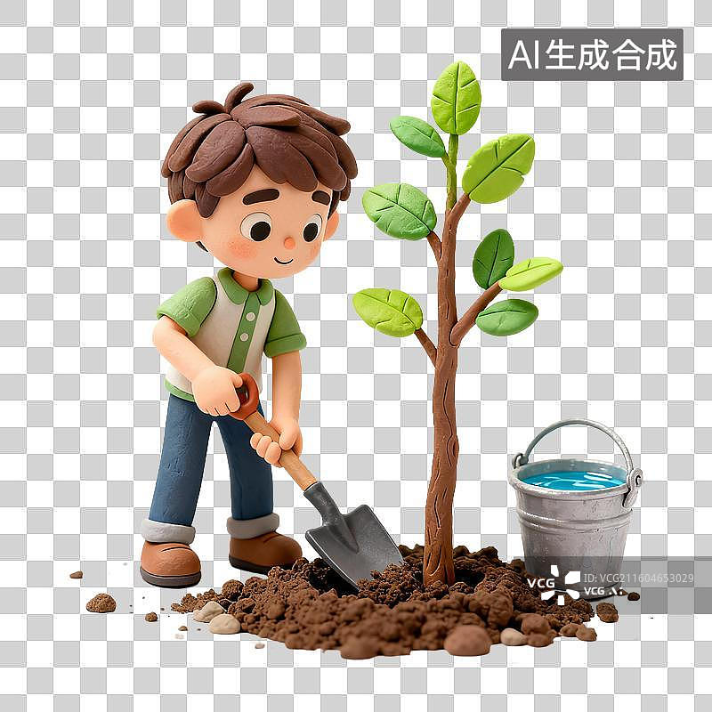 【AI数字艺术】可爱男孩植树场景图片素材