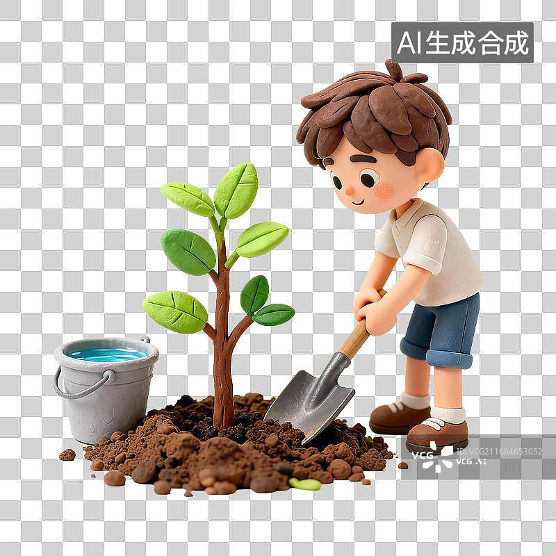 【AI数字艺术】可爱男孩植树场景图片素材