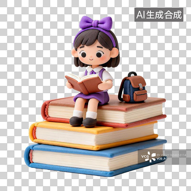 【AI数字艺术】女孩坐在书堆上看书图片素材
