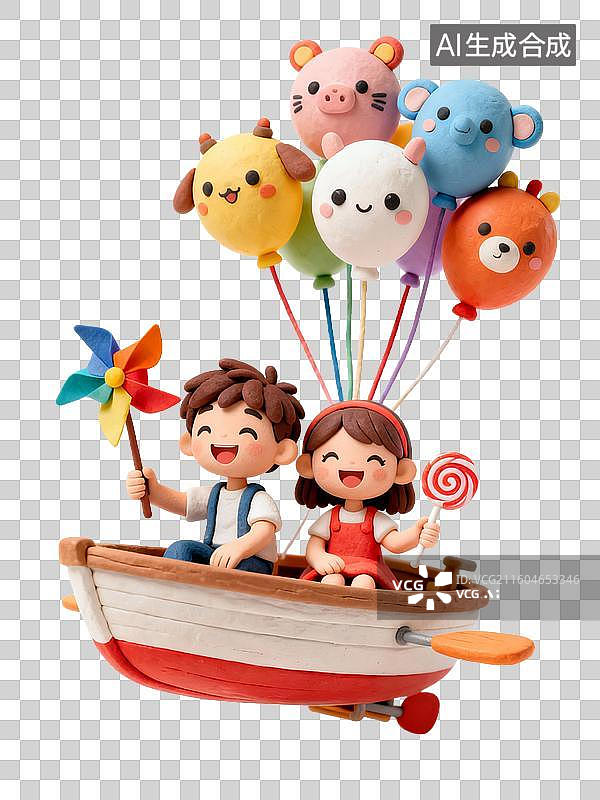 【AI数字艺术】可爱孩童乘舟与动物气球漂浮图片素材
