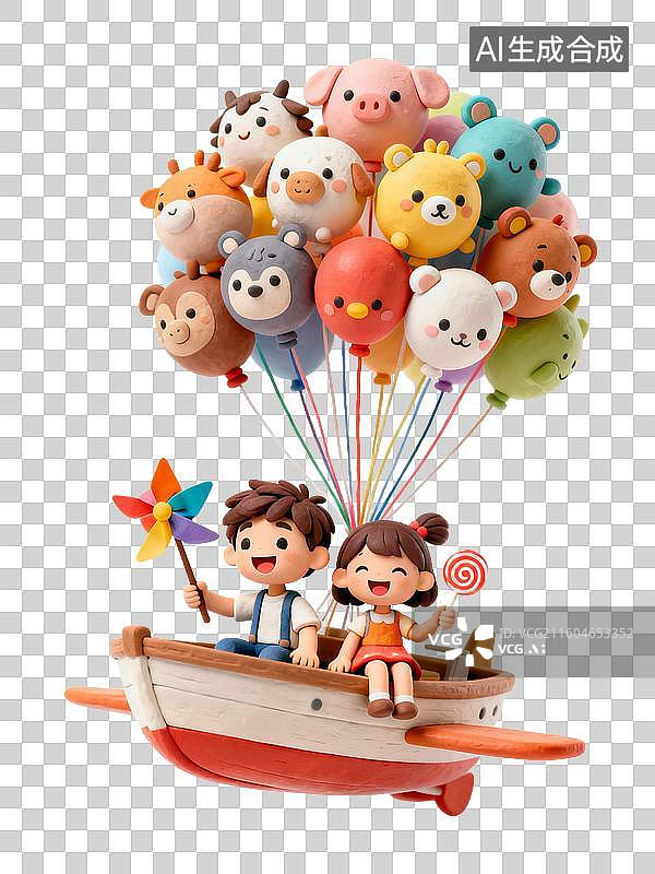 【AI数字艺术】可爱孩童乘舟与动物气球漂浮图片素材