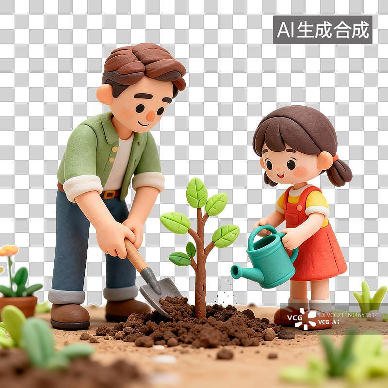 【AI数字艺术】父女户外共同植树图片素材