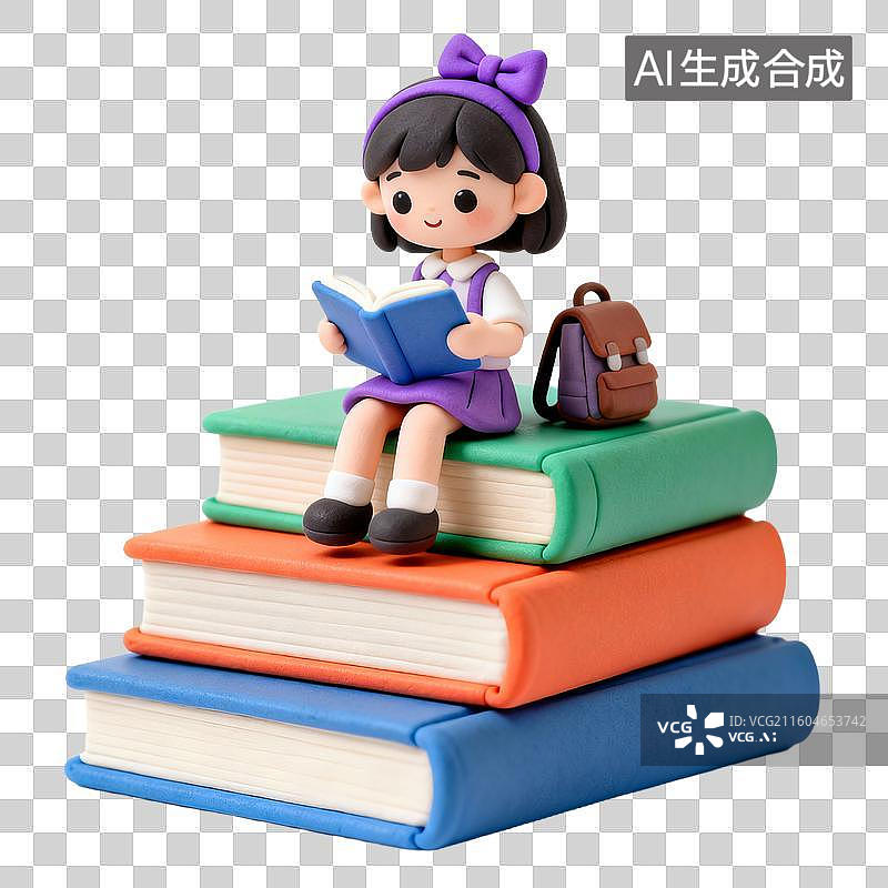 【AI数字艺术】女孩坐在书堆上看书图片素材