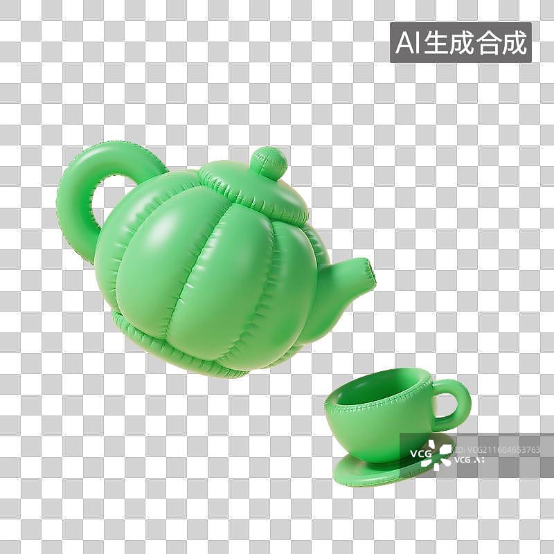 【AI数字艺术】3D渲染，充气膨胀风格，绿色卡通茶壶，茶杯，茶具，咖啡壶，下午茶，茶道，茶文化，免抠元素图片素材