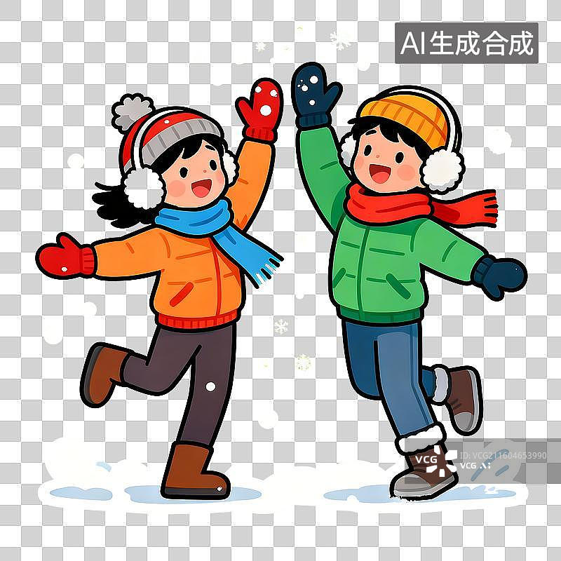 【AI数字艺术】雪中玩耍的两个小孩2D卡通免抠元素图片素材