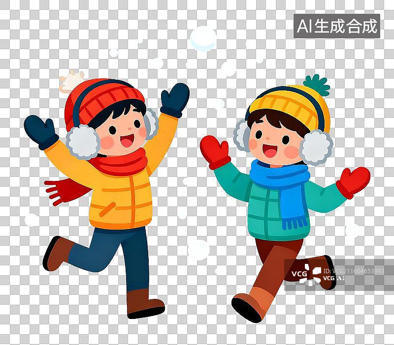 【AI数字艺术】雪中玩耍的两个小孩2D卡通免抠元素图片素材