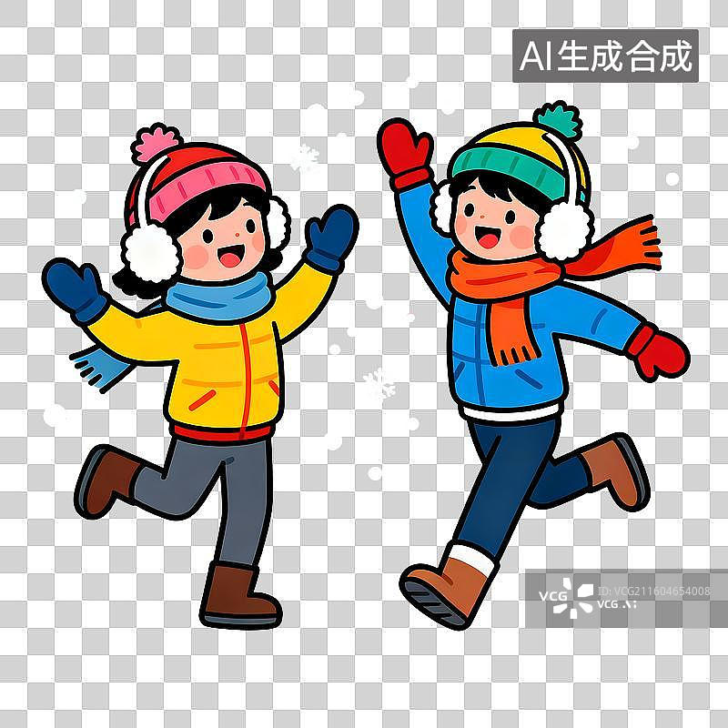 【AI数字艺术】雪中玩耍的两个小孩2D卡通免抠元素图片素材