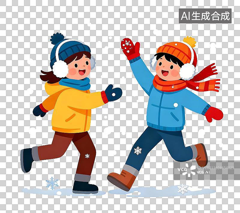 【AI数字艺术】雪中玩耍的两个小孩2D卡通免抠元素图片素材